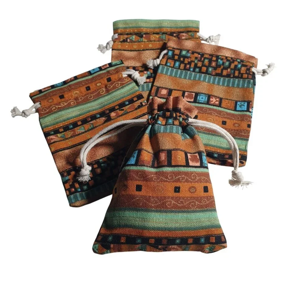 Southwestern Fabric Drawstring Pouches Set Of 4 Multicolor Geometric Pattern Han